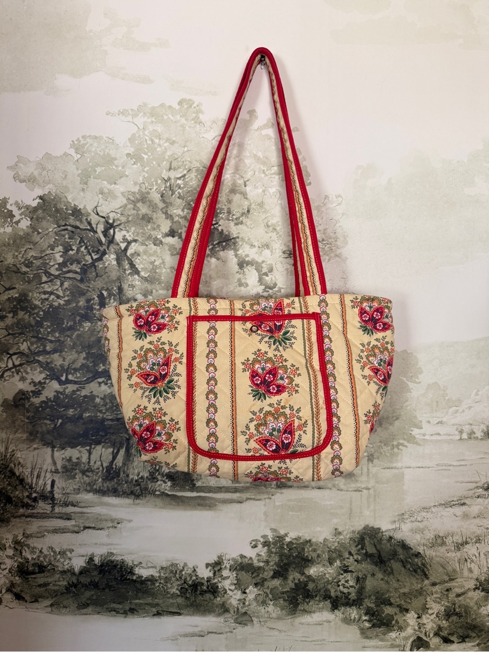 Beige Floral Tote Bag with Red Handles - Picture 3 of 5
